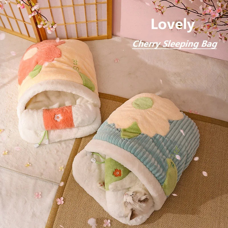 Japanese Sakura Warm Cat Bed Cat Sleeping Bag Deep Sleep Winter Dog House Cats Nest Cushion With Pillow Removable Pet Products